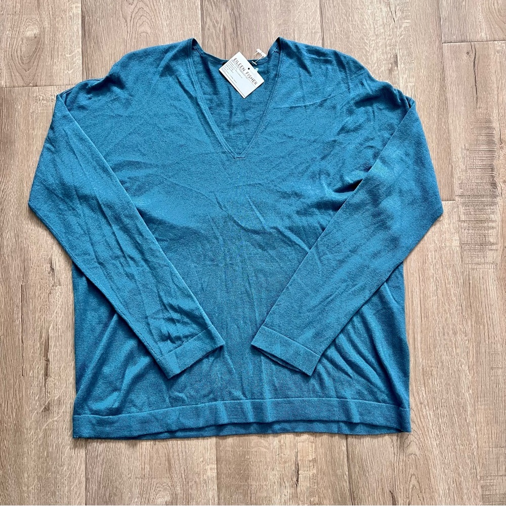 Eileen Fisher Knit V-Neck‎ Long Sleeve Top Oversized Sweater Blue / Green XS NWT